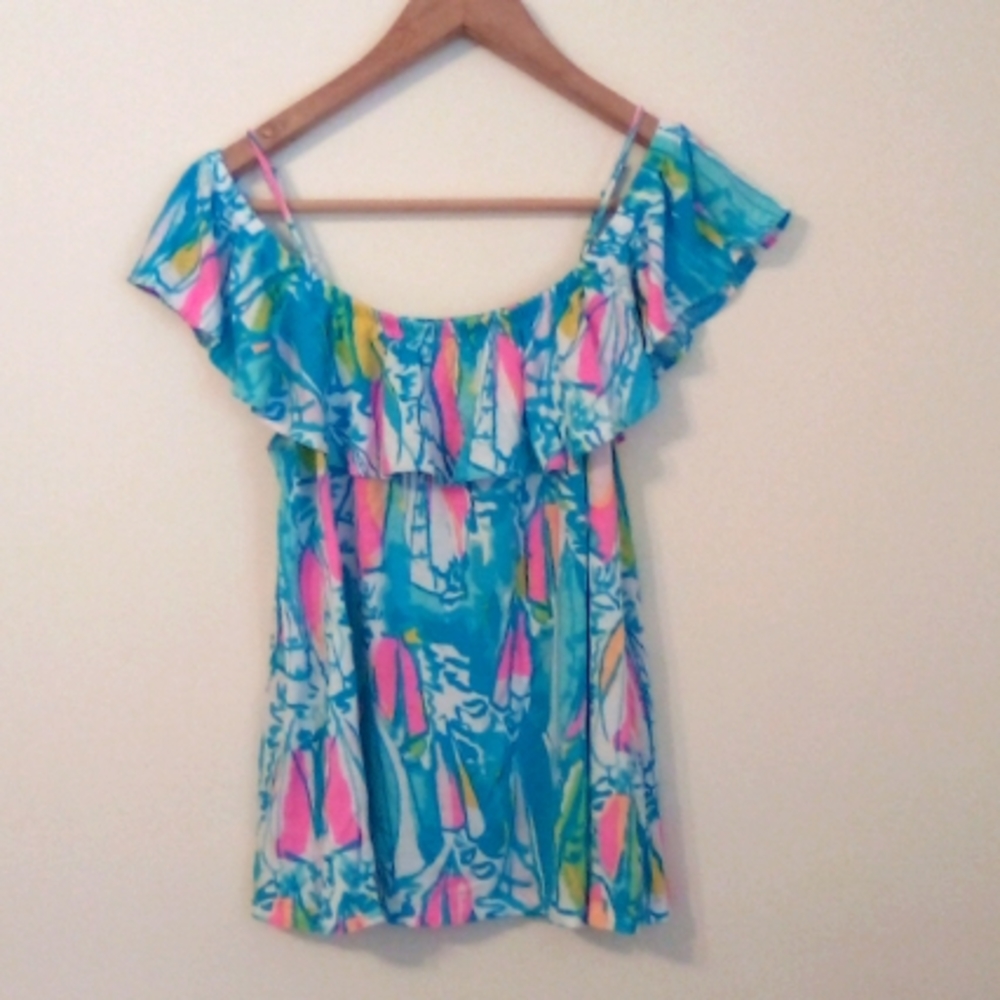 Lilly Pulitzer Off-Shoulder Ruffle Top in Turquoise Multi - Picture 2 of 6